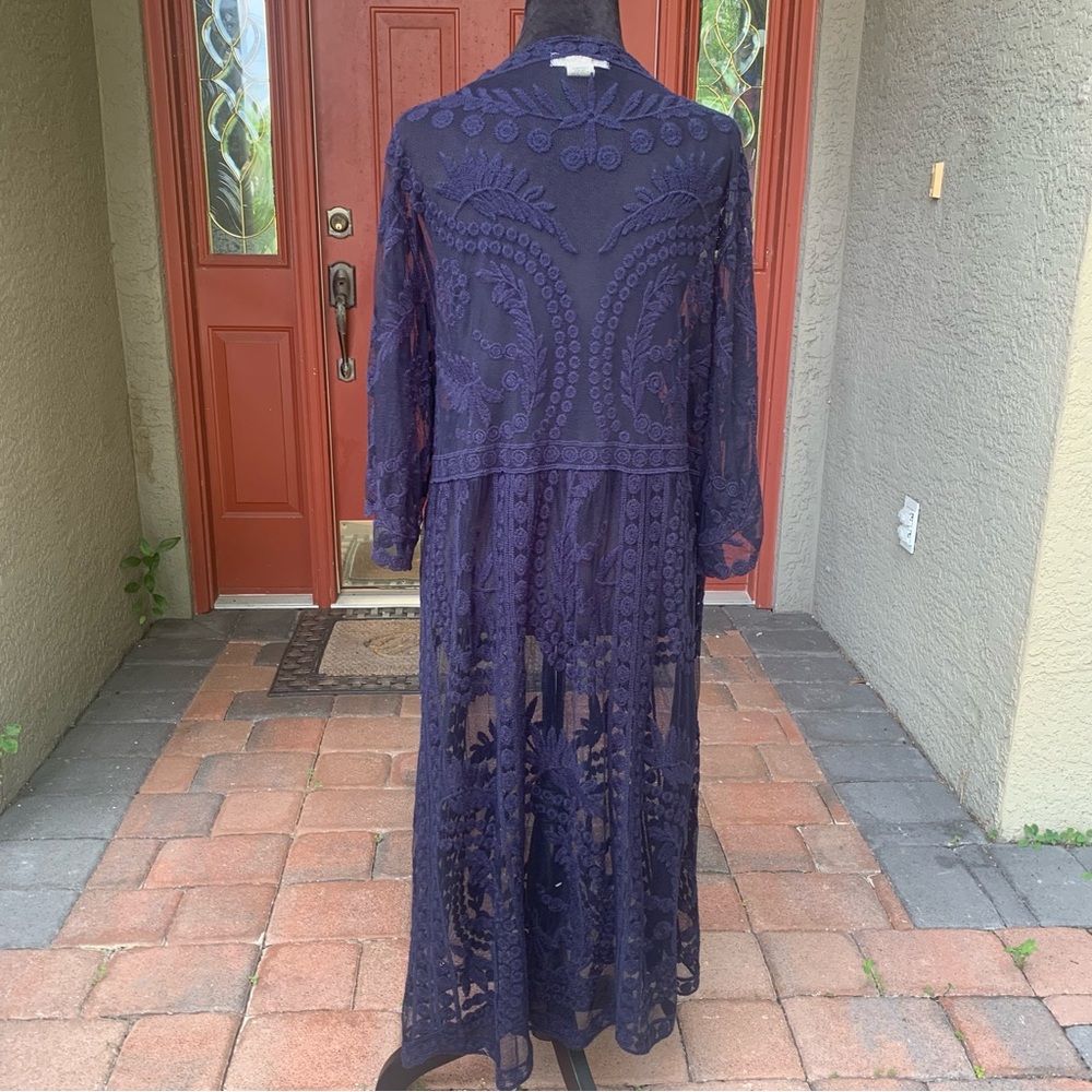 Midnight Blue Coastal Boho Glam Lace Open Front Cardigan - Picture 4 of 6